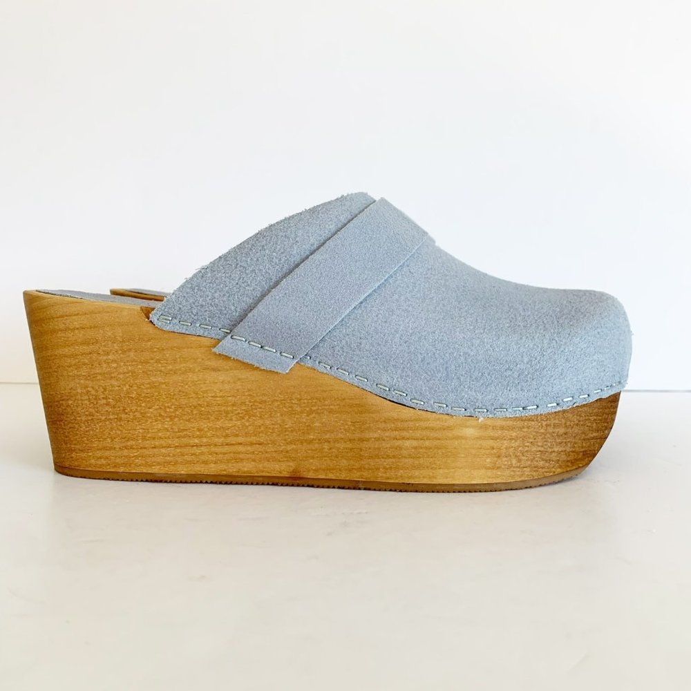 Sanita Handcrafted Light Blue Suede Leather Mule Platform Wood Clog  39 / 8